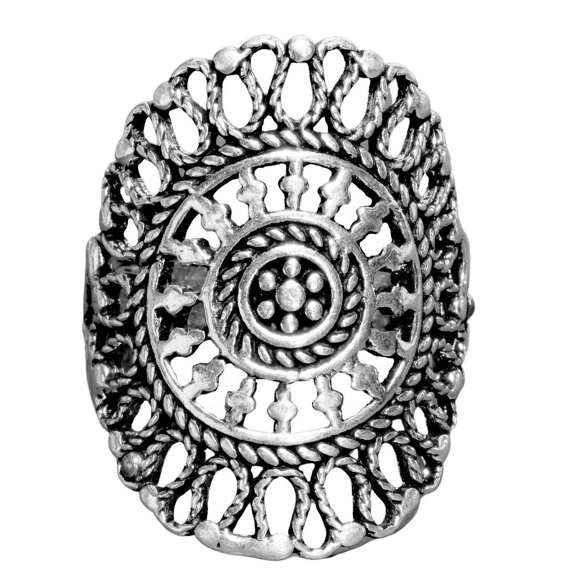 An adjustable, chunky, artisan handmade solid silver, filigree mandala ring designed by OMishka.