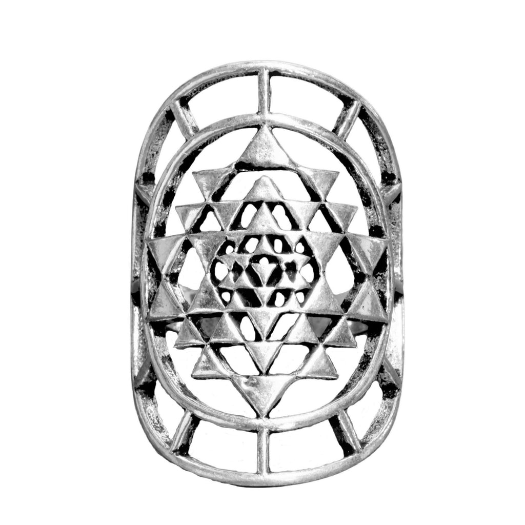 An adjustable, chunky, artisan handmade solid silver, Sri Yantra mandala ring designed by OMishka.