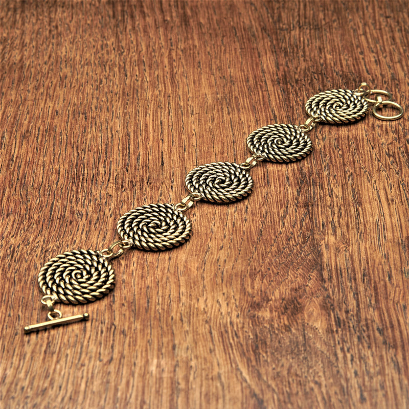 Handmade pure brass, five coiled rope spiral detail, adjustable T bar bracelet designed by OMishka.