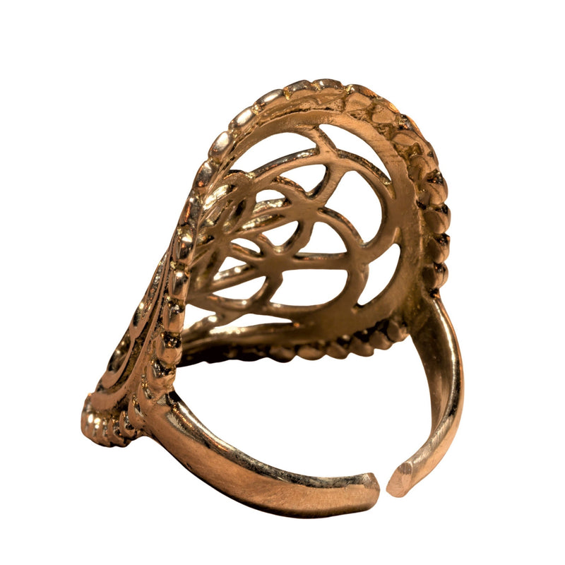 An adjustable, chunky, pure brass decorative seed of life ring designed by OMishka.