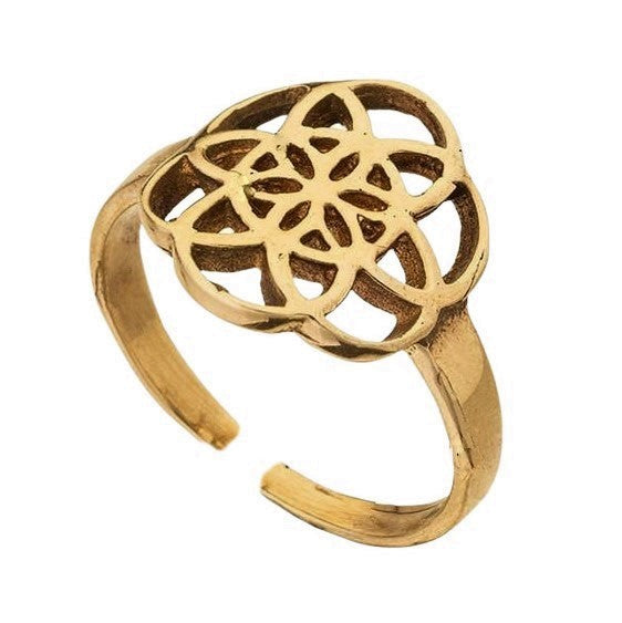 An adjustable, nickel free pure brass, dainty seed of life ring designed by OMishka.