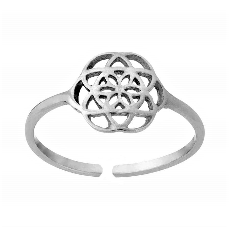 An adjustable, dainty, solid silver seed of life ring designed by OMishka.
