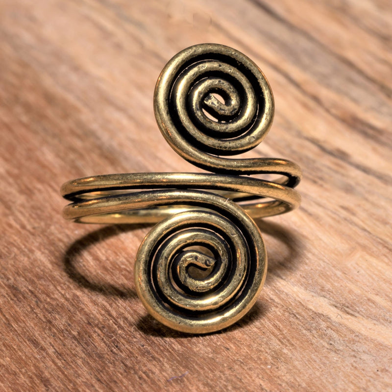 An adjustable double wrap, pure brass open spiral toe ring designed by OMishka.