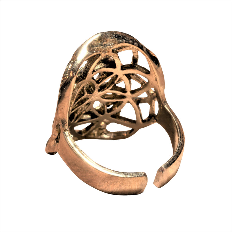 An adjustable, chunky, handmade pure brass, double layered seed of life ring designed by OMishka.