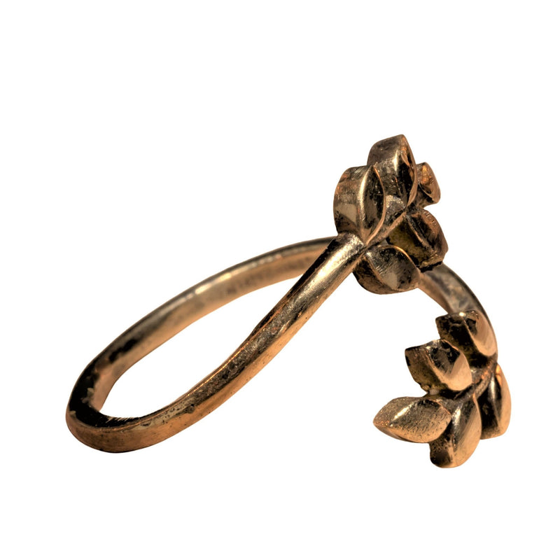 An adjustable, handmade pure brass, dainty laurel leaf wrap ring designed by OMishka.