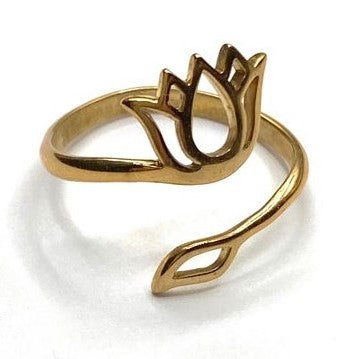 An adjustable, handmade pure brass, open lotus flower ring designed by OMishka.