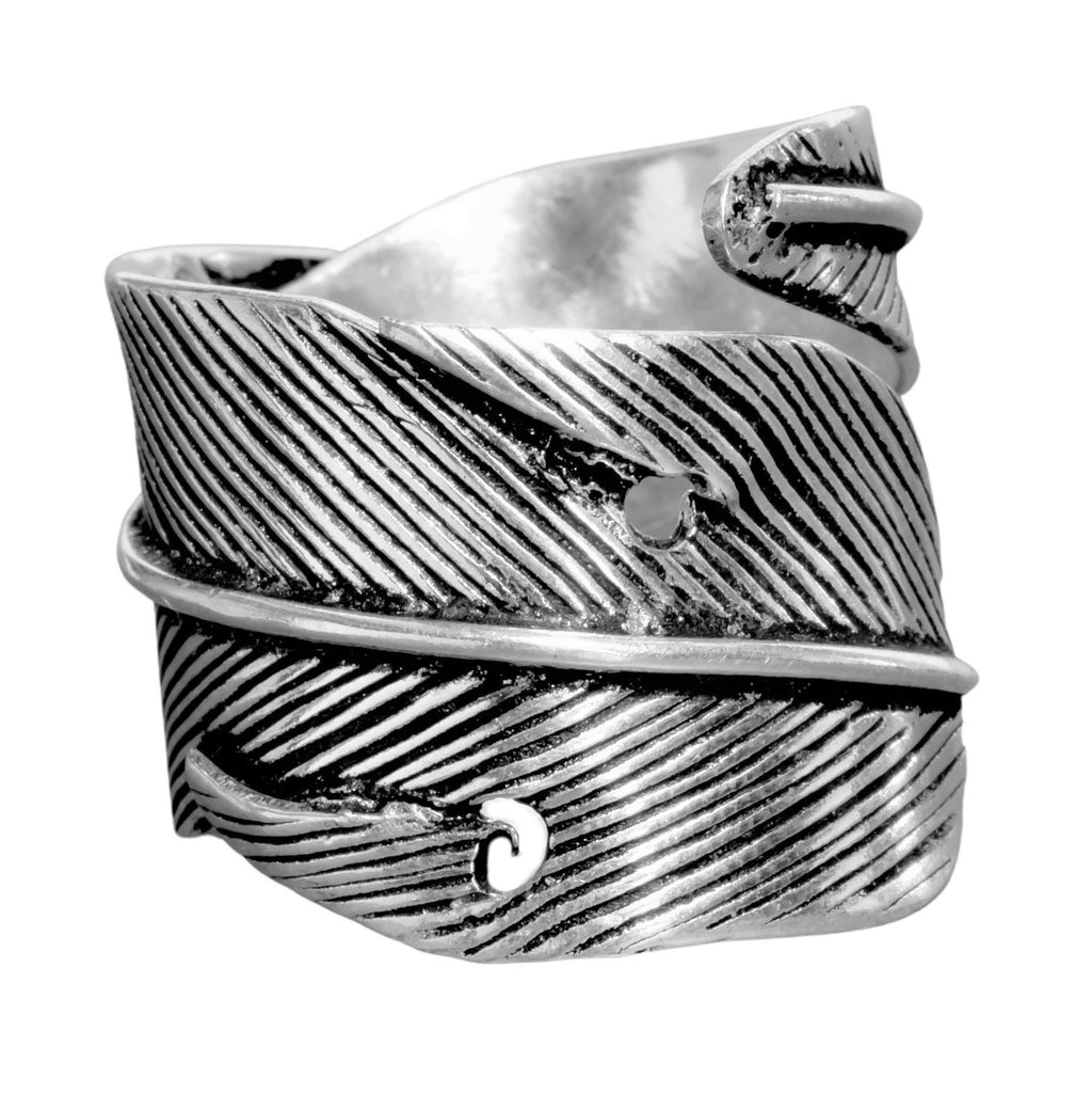 An adjustable, handmade and chunky, solid silver feather wrap ring designed by OMishka.