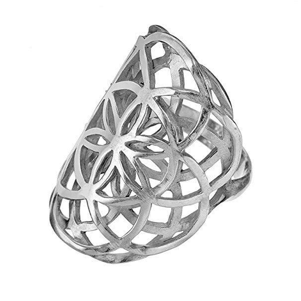 An adjustable, chunky, handmade solid silver, double layered seed of life ring designed by OMishka.