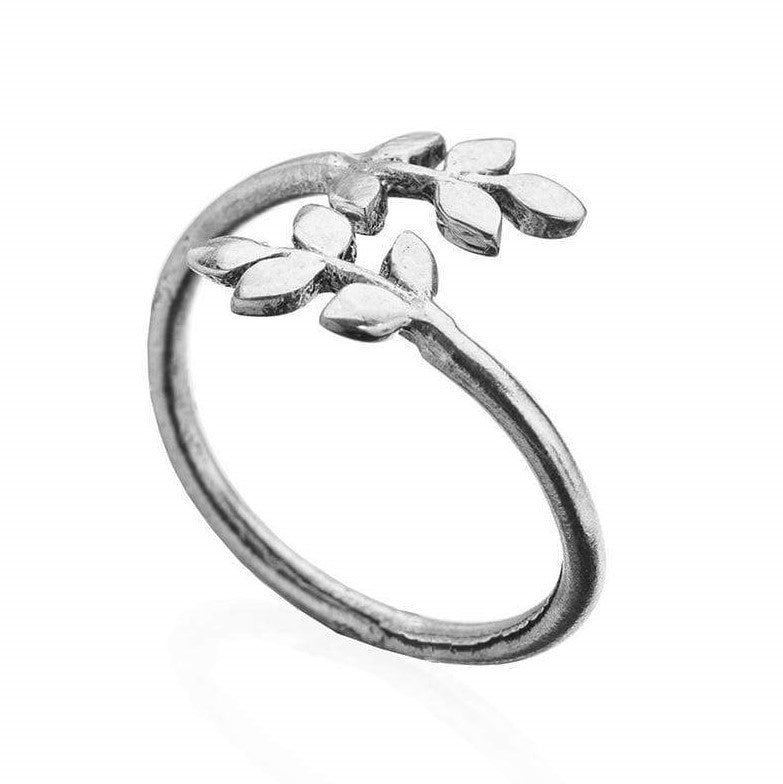 An adjustable, handmade solid silver, dainty laurel leaf wrap ring designed by OMishka.