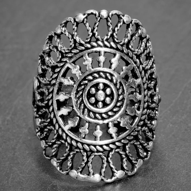 An adjustable, chunky, handmade solid silver mandala ring designed by OMishka.