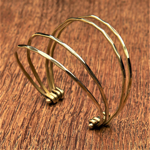 Extra Wide Striped Pure Brass Cuff Bracelet