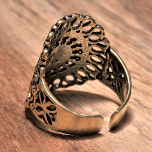 An adjustable, nickel free pure brass filigree mandala ring designed by OMishka.