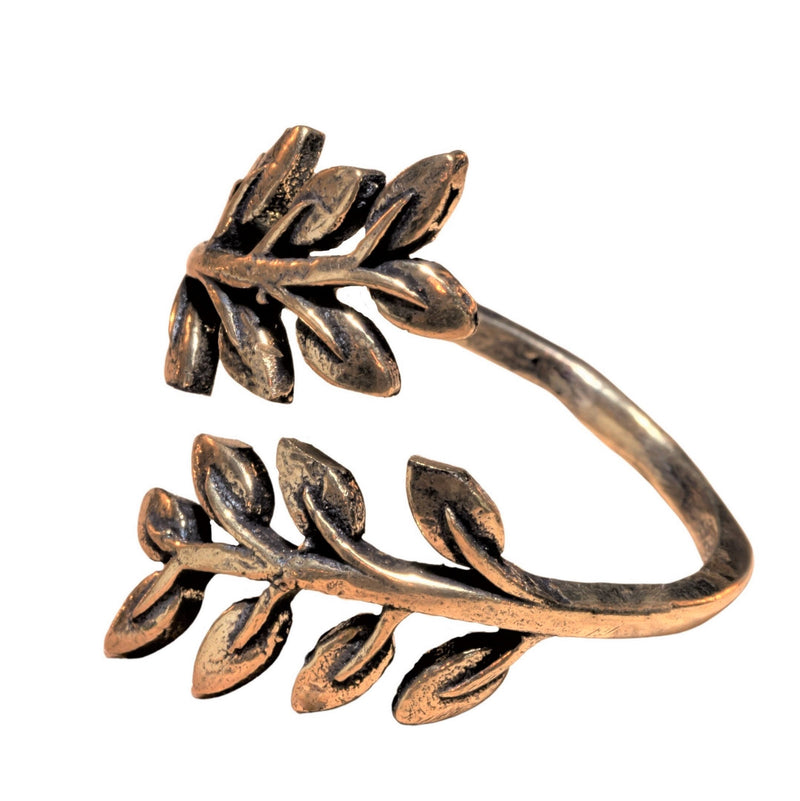 An adjustable, nickel free pure brass, olive branch wrap ring designed by OMishka.