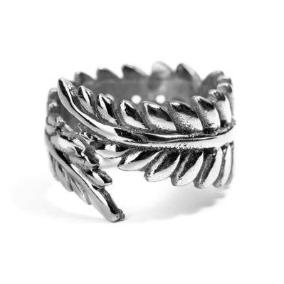 An adjustable, nickel free solid silver, fern leaf wrap ring designed by OMishka.