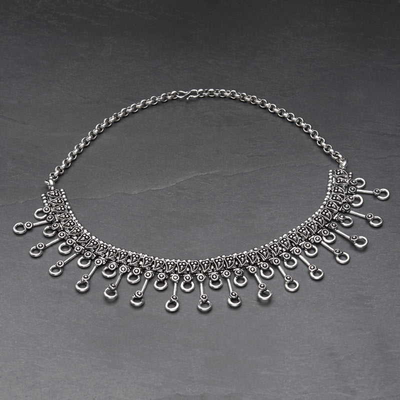 Handmade and nickel free, silver toned white metal, Banjara Tribe, decorative open circle layered, adjustable choker chain necklace designed by OMishka.