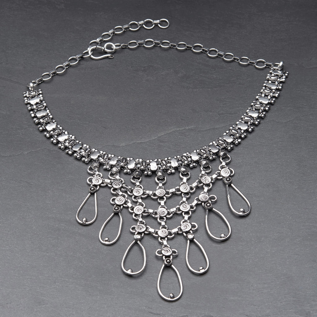 Handmade, nickel free silver toned white metal, decorative open teardrop, adjustable choker chain necklace designed by OMishka.