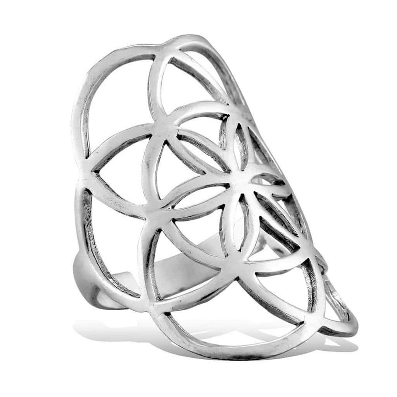 An adjustable, nickel free solid silver seed of life ring designed by OMishka.