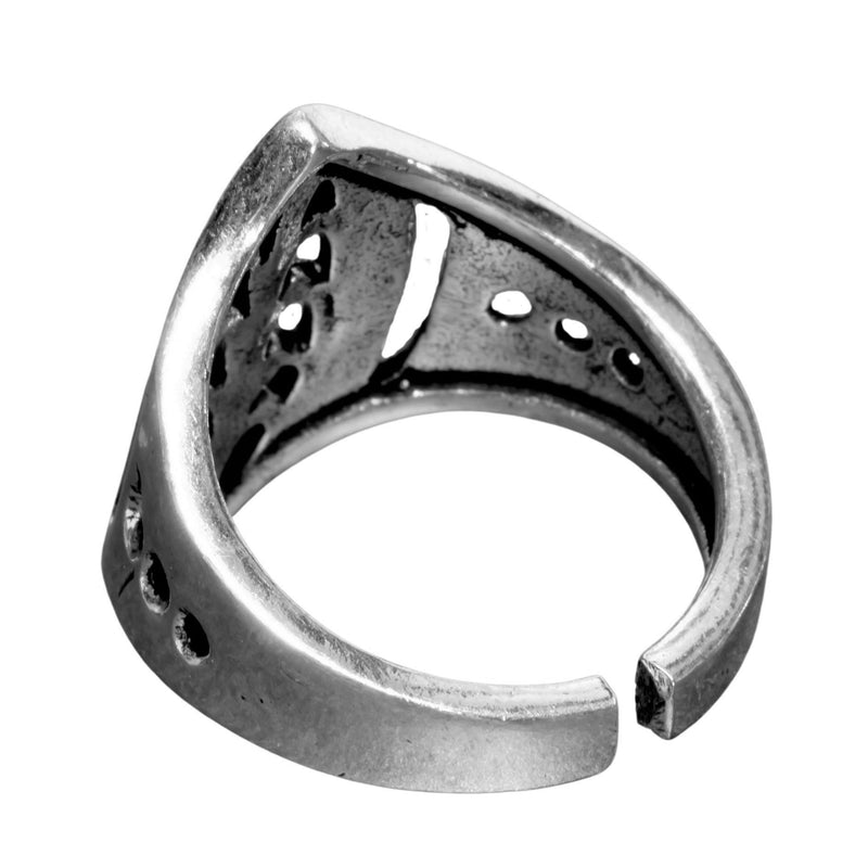 An adjustable, nickel free solid silver, tribal shield ring designed by OMishka.