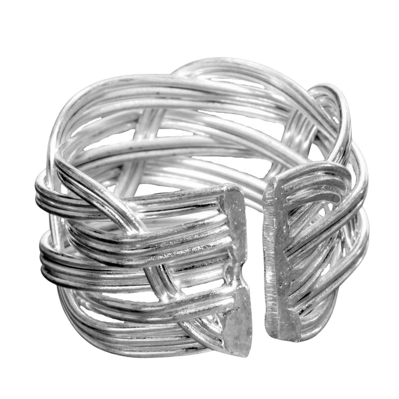 An adjustable, chunky, open weave plaited solid silver ring designed by OMishka.