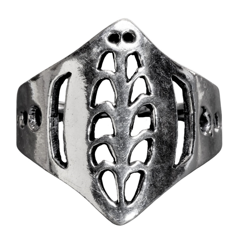 An adjustable, solid silver, tribal shield band ring designed by OMishka.