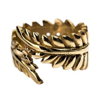 An adjustable, artisan handmade pure brass fern leaf wrap ring designed by OMishka.