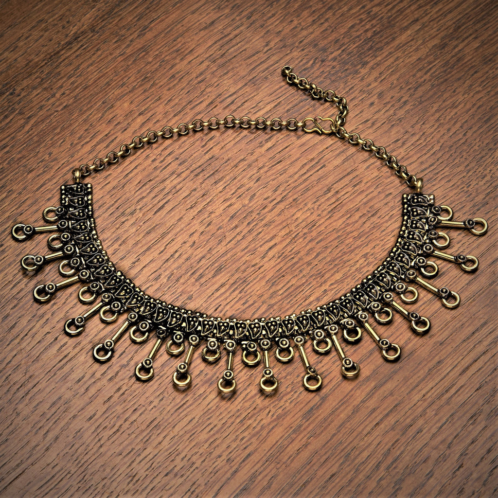 Artisan handmade pure brass, Banjara Tribe, decorative open circle layered, adjustable choker chain necklace designed by OMishka.