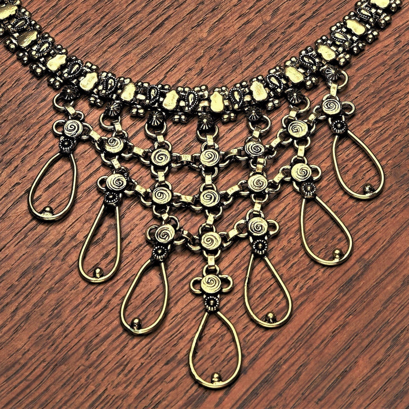 Artisan handmade pure brass, decorative open teardrop, adjustable choker chain necklace designed by OMishka.