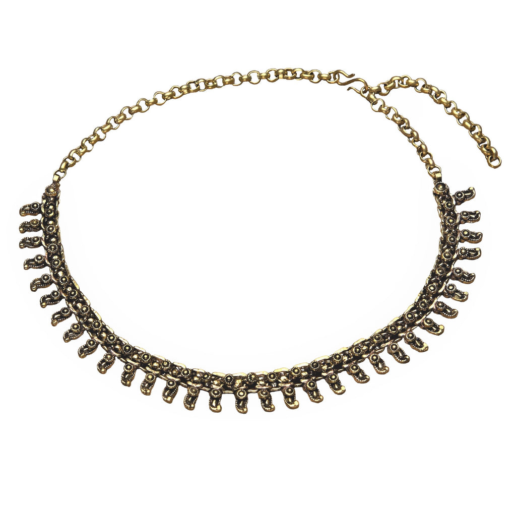 Artisan handmade pure brass, decorative patterned Banjara chain link necklace designed by OMishka.