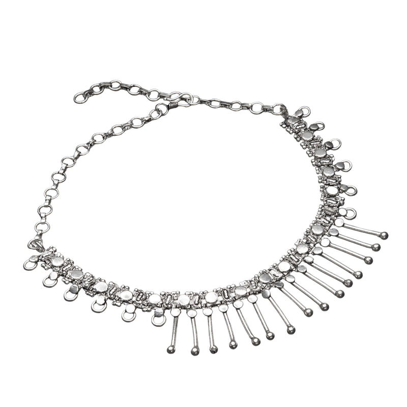 Artisan handmade silver toned white metal, Indian tribal, decorative spiked, adjustable chain, choker necklace designed by OMishka.
