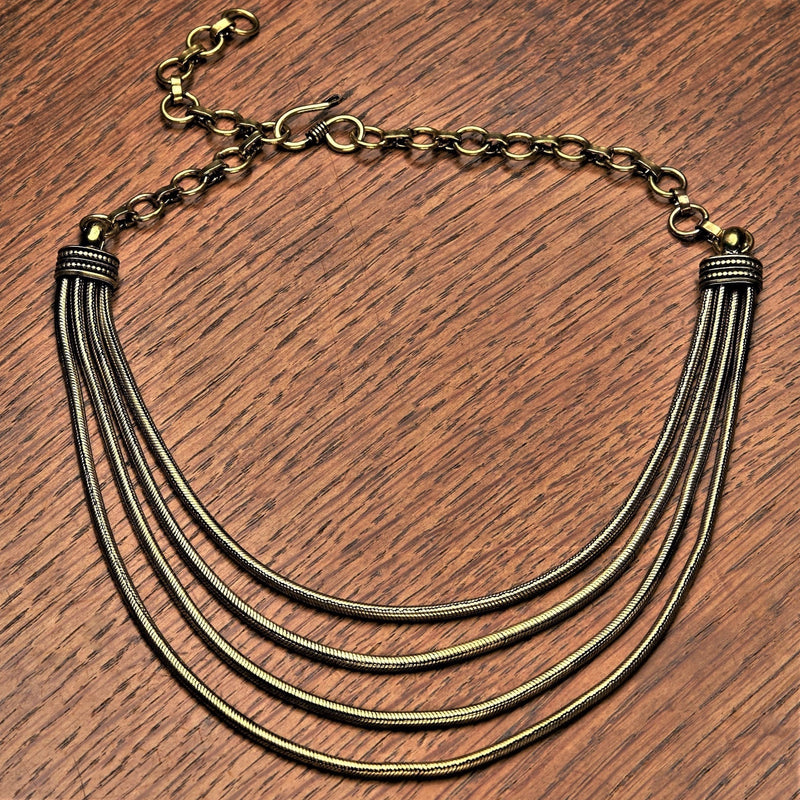 Artisan handmade pure brass, multi 4 strand, subtle decorative link, layered snake chain, adjustable choker necklace designed by OMishka.