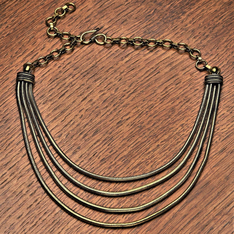 Pure Brass Three Row Beaded Snake Chain Necklace