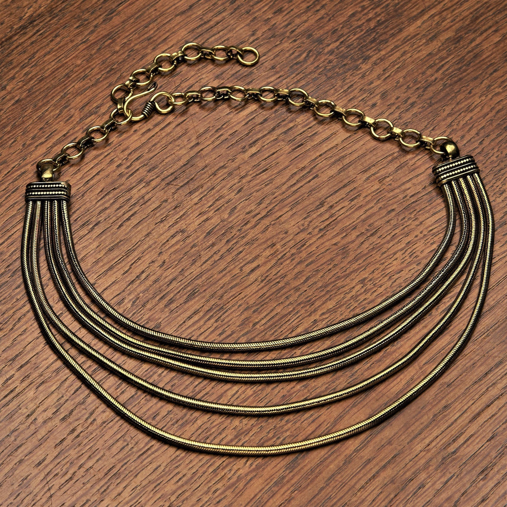 Artisan handmade pure brass, multi 5 strand, subtle decorative link, layered snake chain, adjustable choker necklace designed by OMishka.