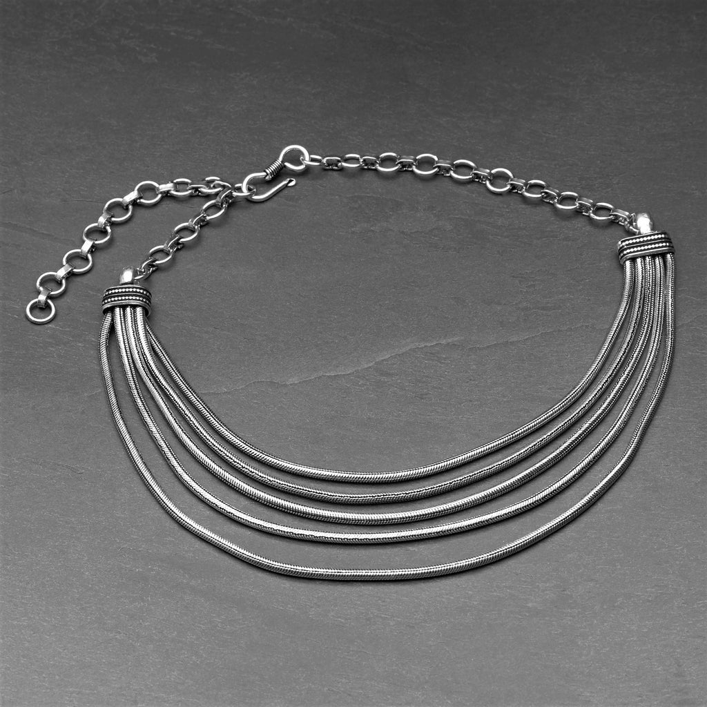 Artisan handmade silver toned white metal, multi 5 strand, subtle decorative link, layered snake chain, adjustable choker necklace designed by OMishka.