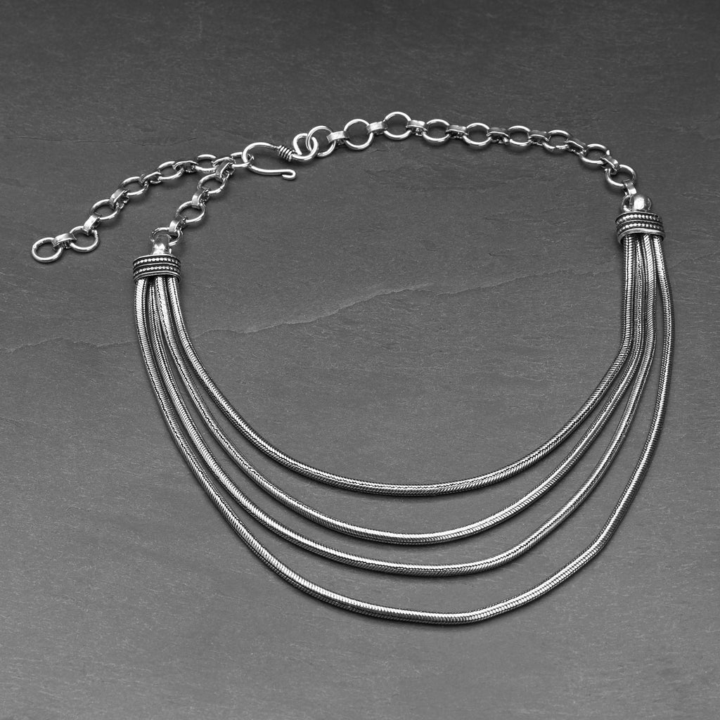Artisan handmade silver toned white metal, multi 4 strand, subtle decorative link, layered snake chain, adjustable choker necklace designed by OMishka.