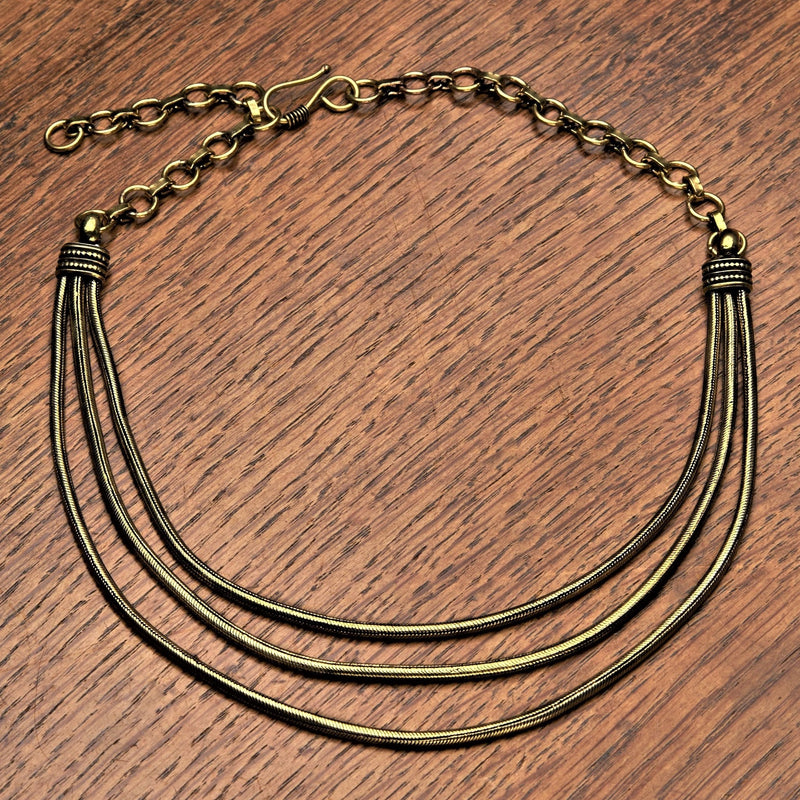 Artisan handmade pure brass, triple strand, subtle decorative link, layered snake chain, adjustable choker necklace designed by OMishka.