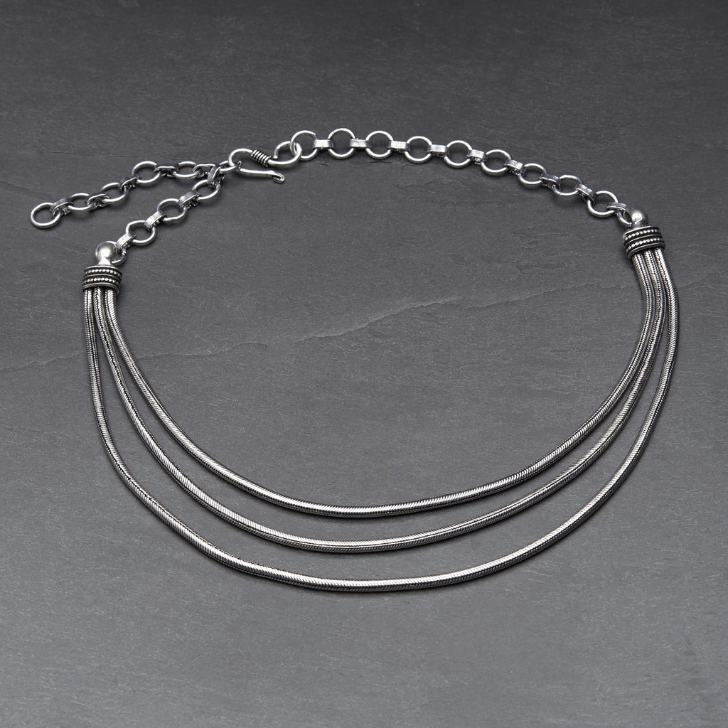 Artisan handmade silver toned white metal, triple strand, subtle decorative link, layered snake chain, adjustable choker necklace designed by OMishka.