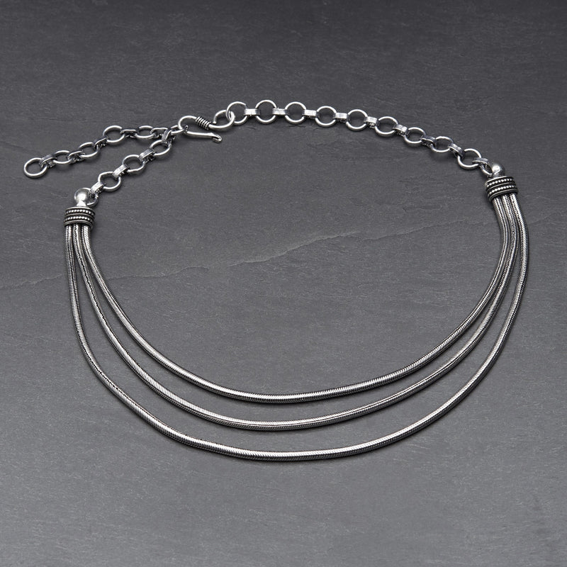 Artisan handmade silver toned white metal, triple strand, subtle decorative link, layered snake chain, adjustable choker necklace designed by OMishka.