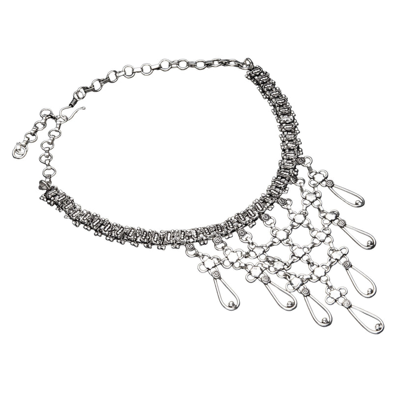Artisan handmade, silver toned white metal, decorative open teardrop, adjustable chain bib necklace designed by OMishka.
