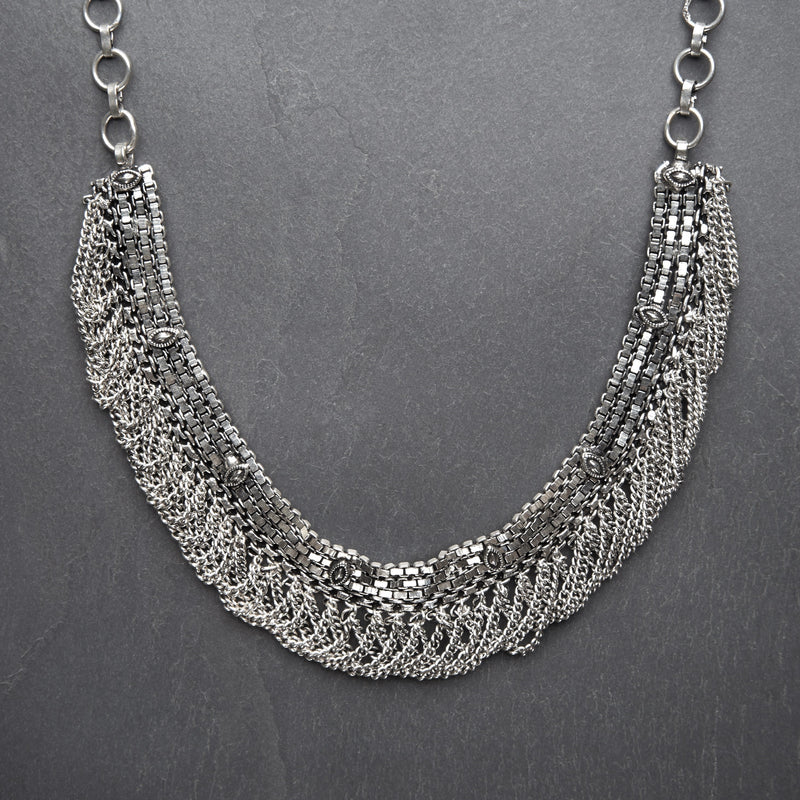 Artisan handmade silver toned white metal, adjustable chainmail drop necklace designed by OMishka.