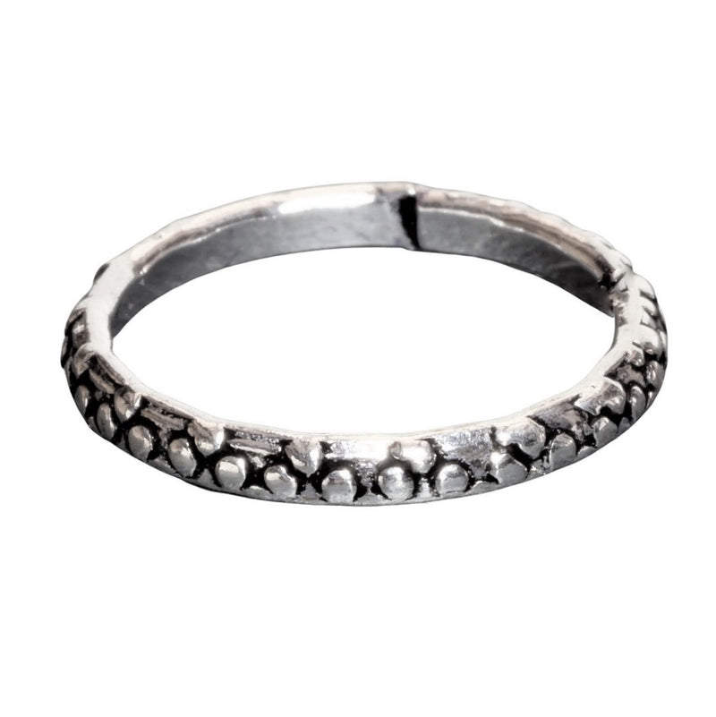 An artisan handmade, adjustable, dainty solid silver dotted band toe ring designed by OMishka.