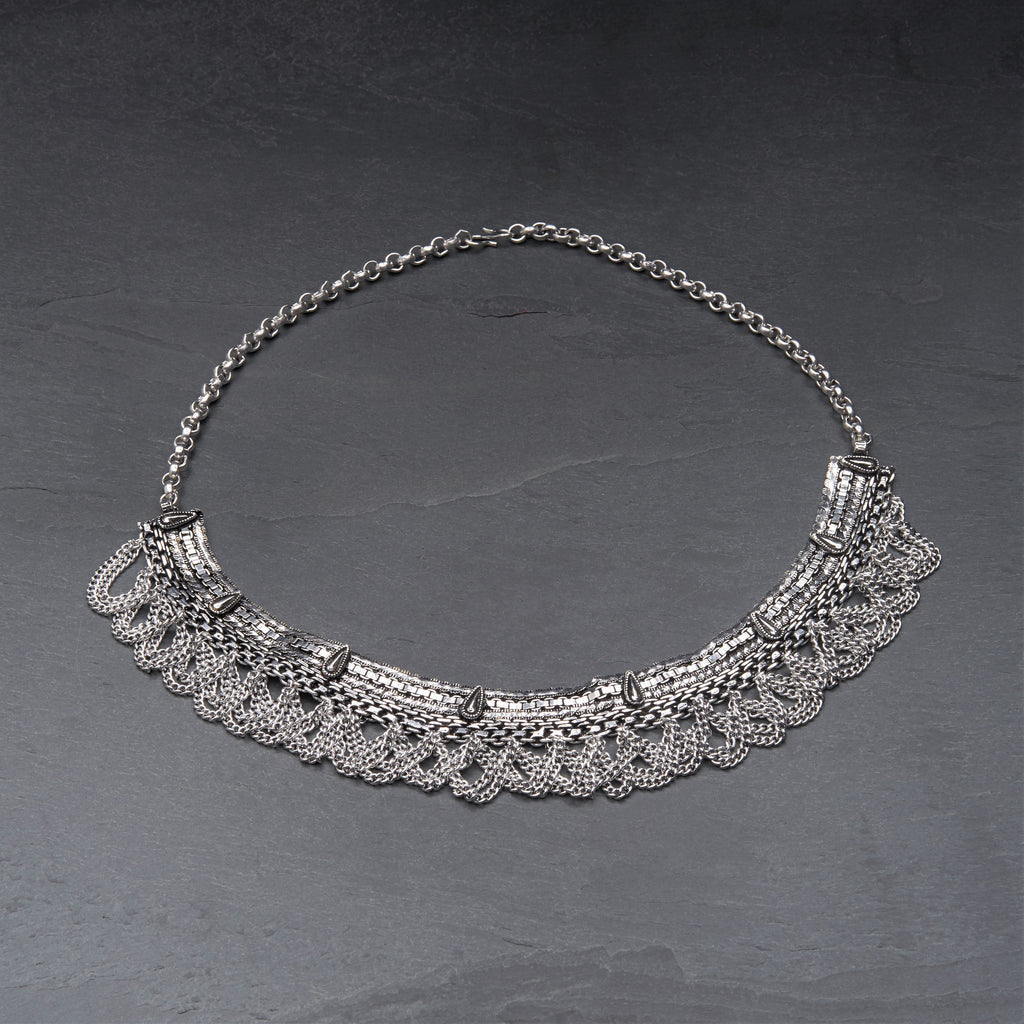 Artisan handmade silver toned white metal, adjustable, intricate chainmail drop, choker necklace designed by OMishka.