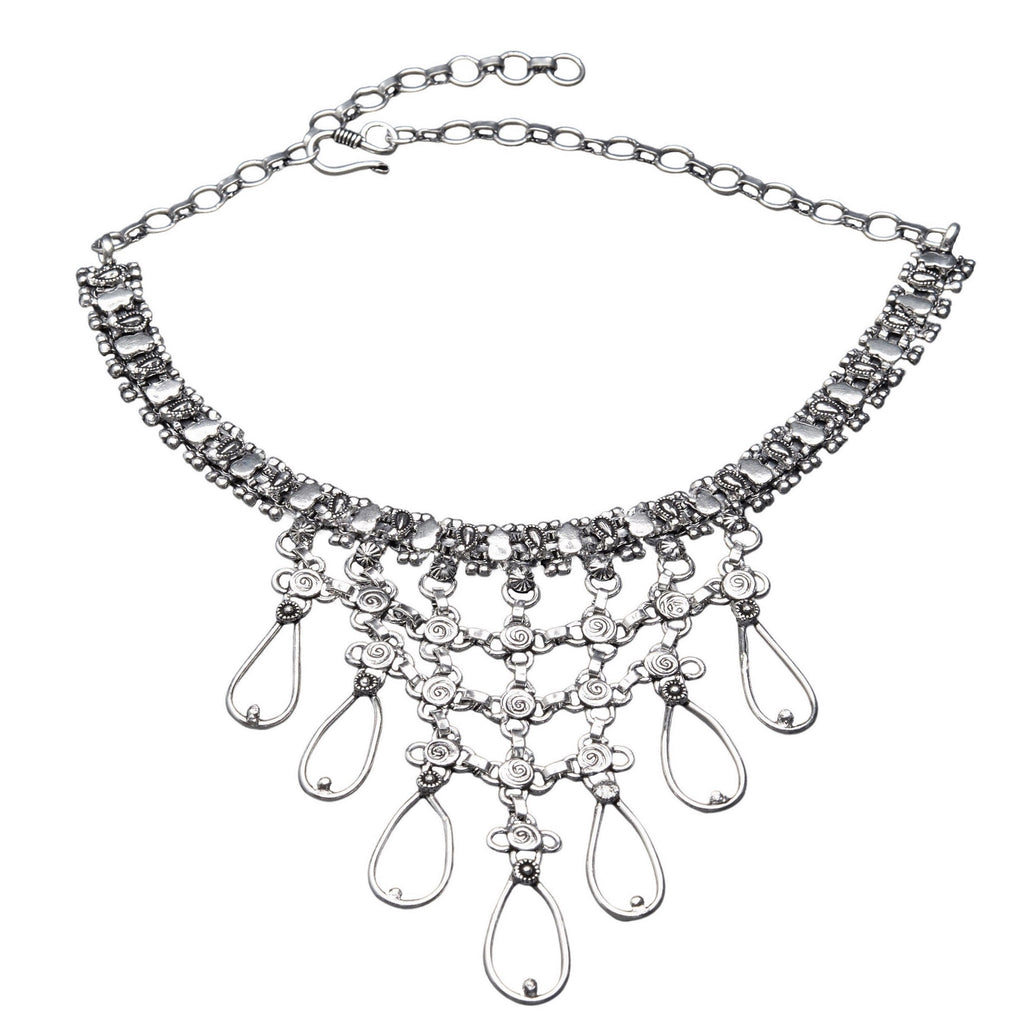 Artisan handmade, silver toned white metal, decorative open teardrop, adjustable choker chain necklace designed by OMishka.