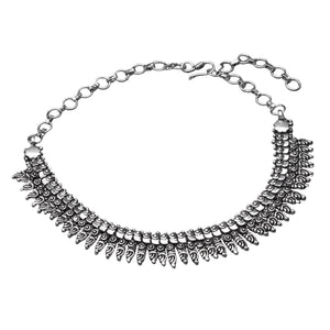 Artisan handmade silver toned white metal, tribal decorative beaded, adjustable choker chain necklace designed by OMishka.
