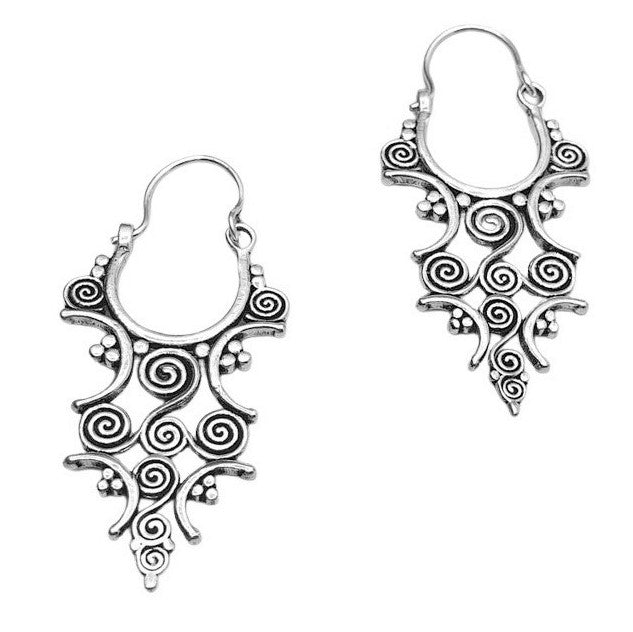 Artisan handmade solid silver, beaded and spiral patterned, long dangle earrings designed by OMishka.