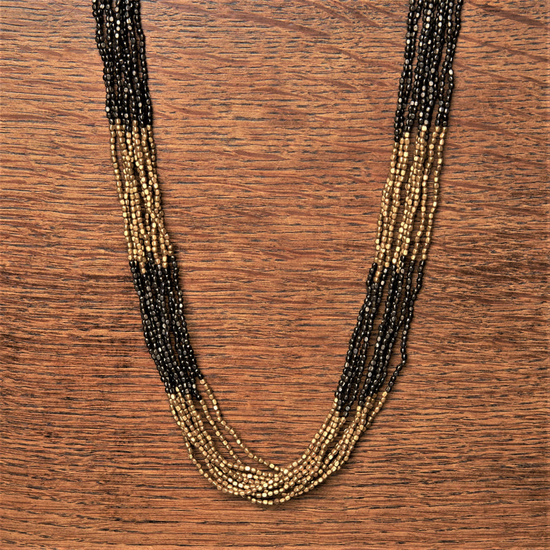 Artisan handmade, pure golden and black brass, beaded striped multi strand necklace designed by OMishka.