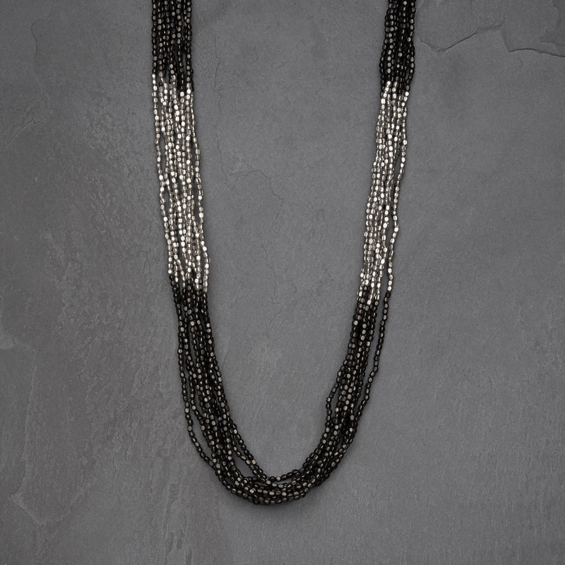 Artisan handmade black and silver toned brass, cube beaded striped multi strand necklace designed by OMishka.