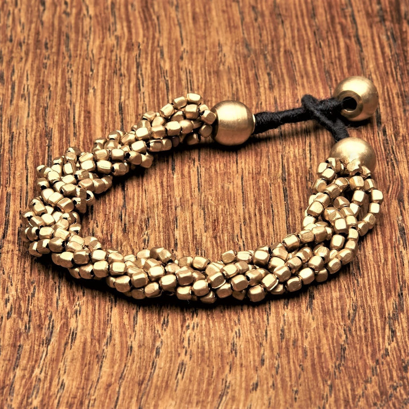 Artisan handmade, braided pure brass beaded multi strand, stylish bracelet designed by OMishka.