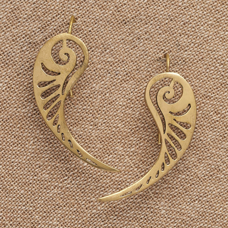 Artisan handmade pure brass, long feathered angel wing drop earrings designed by OMishka.