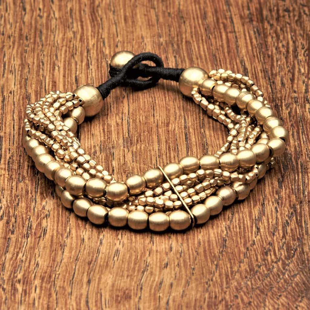 Artisan handmade pure brass, tiny cube and large ball beaded multi strand bracelet designed by OMishka.