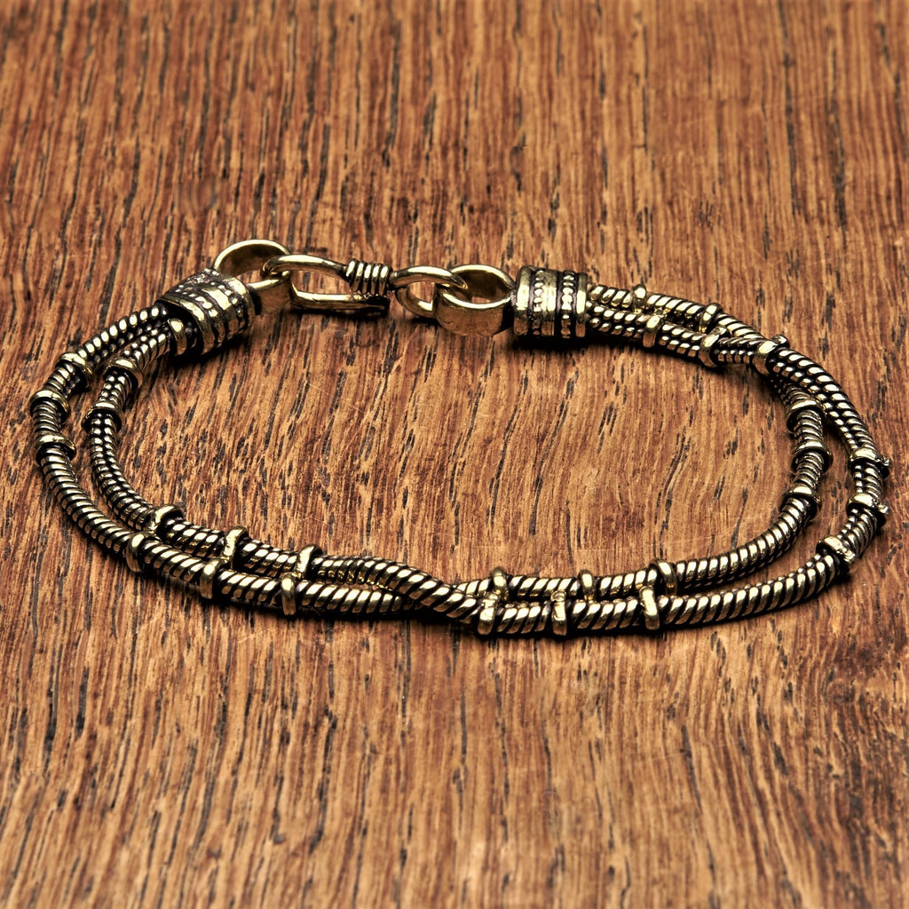 Artisan handmade pure brass, double strand, subtle beaded snake chain designed by OMishka.
